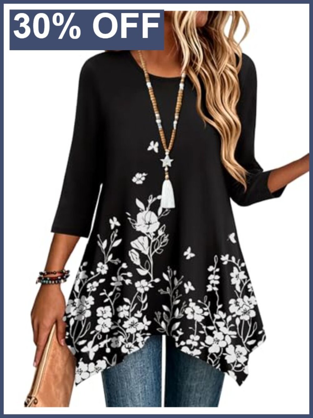Women's 3/4 Sleeve Loose Fit Tunic Top Asymmetrical Hem Dressy Boho Shirt